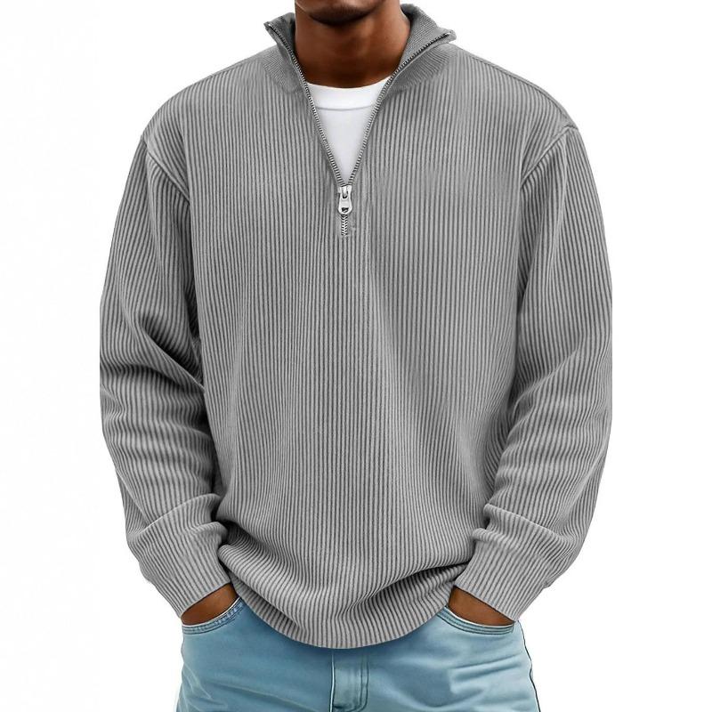 Men's Corduroy Long Sleeve Polo Sweatshirt Stand Collar Zip Neck Vintage Casual Top