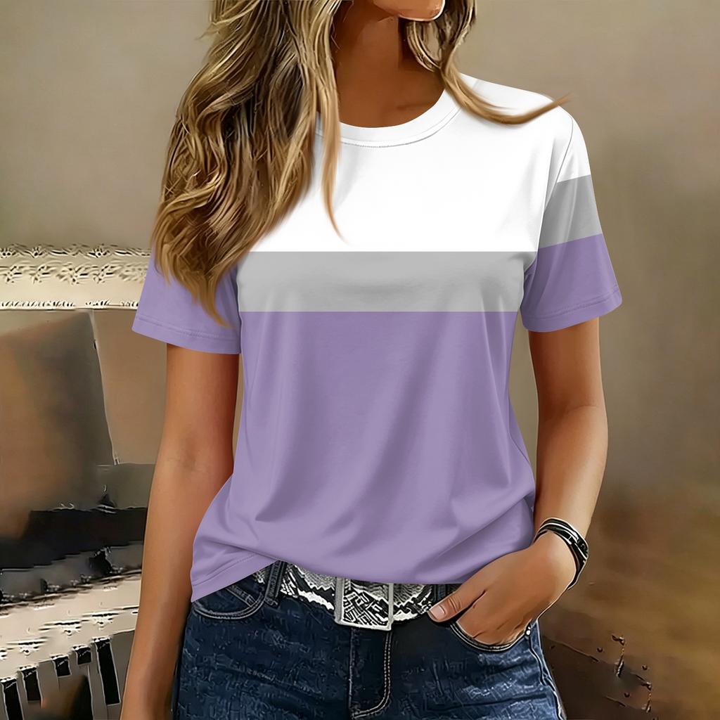 Dames Casual Pullover Korte Mouw T-shirt Kleurblok Bedrukt Top Ronde Hals Lichtgewicht Zachte Stof