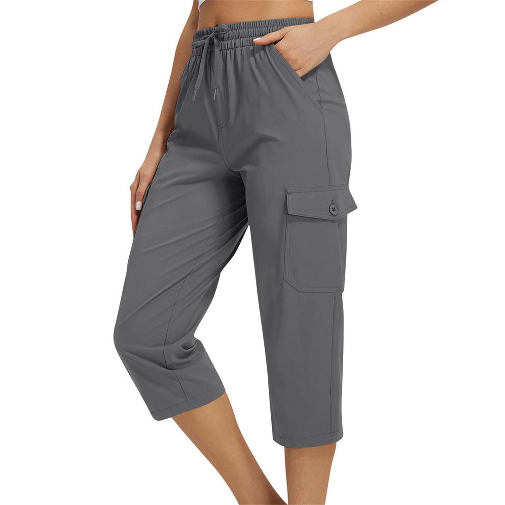 Damen locker sitzende High-Waist Wanderhose mit elastischem Bund, leicht, mit zwei Taschen, lässige Capri-Hose für Outdoor-Aktivitäten