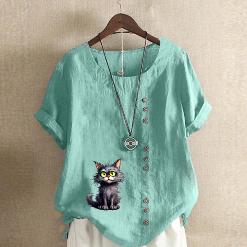 Women's Fashion Cat Prined Short Sleeve T-shirt Loose Cotton Shirt Casual Loose Summer Blouse Tops Plus Size