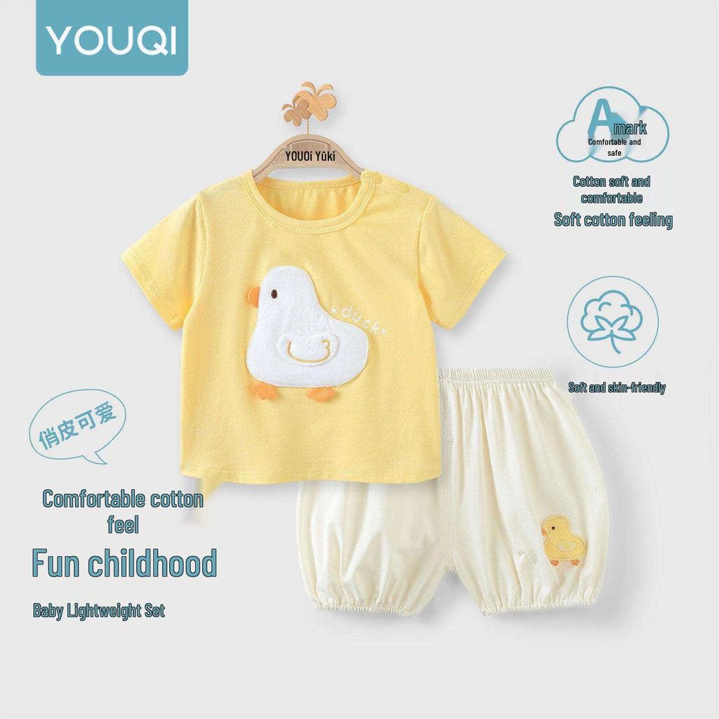 Youqi Summer Baby Clothes Set: Stylish Short-Sleeve Top & Shorts for Boys and Girls.