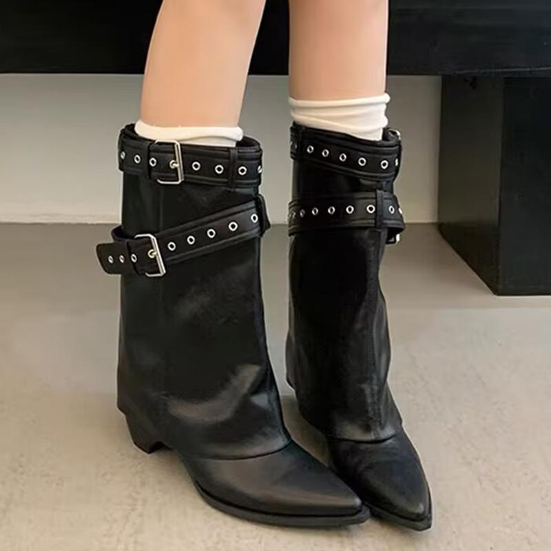 Punk Belt Buckle Pointed Toe Mid Calf Boots Women Fashion Thick Heel Wide Leg Pants Boots Woman Autumn Winter Pu Leather Botas