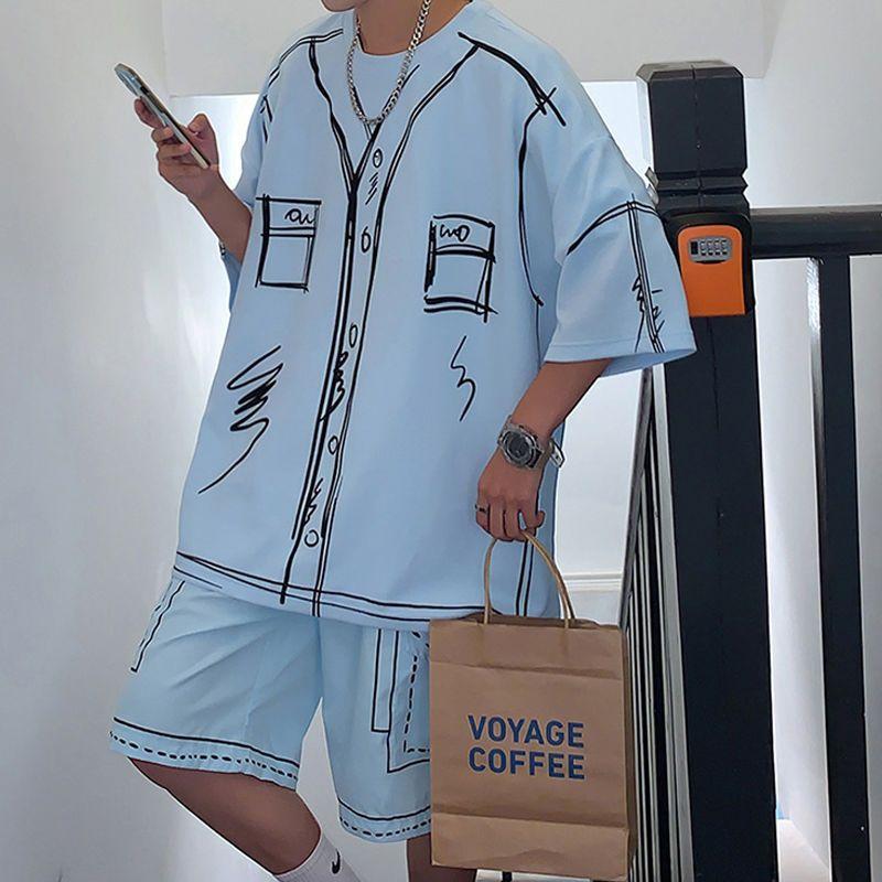 Sommer Elegant Mode Harajuku Slim Fit Herrenkleidung Locker Lässig Alles Passend Sportliche Zerfetzte Kurzarme Zweiteiliges Set