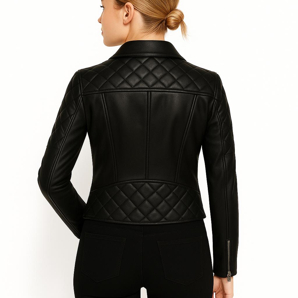 NOORA Damska Czarna Pikowana Kurtka Ze Skóry Jagnięcej z Zamkiem Błyskawicznym i Kieszenią, Ciepła Zimowa Skórzana Kurtka Motocyklowa