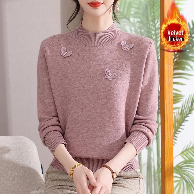 Women's Winter Half-High Neck Sweater for Middle-Aged and Elderly, Autumn/Winter Knitted Pullover