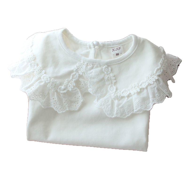 Girls' White Peter Pan Collar Long Sleeve Cotton T-Shirt for Spring/Autumn