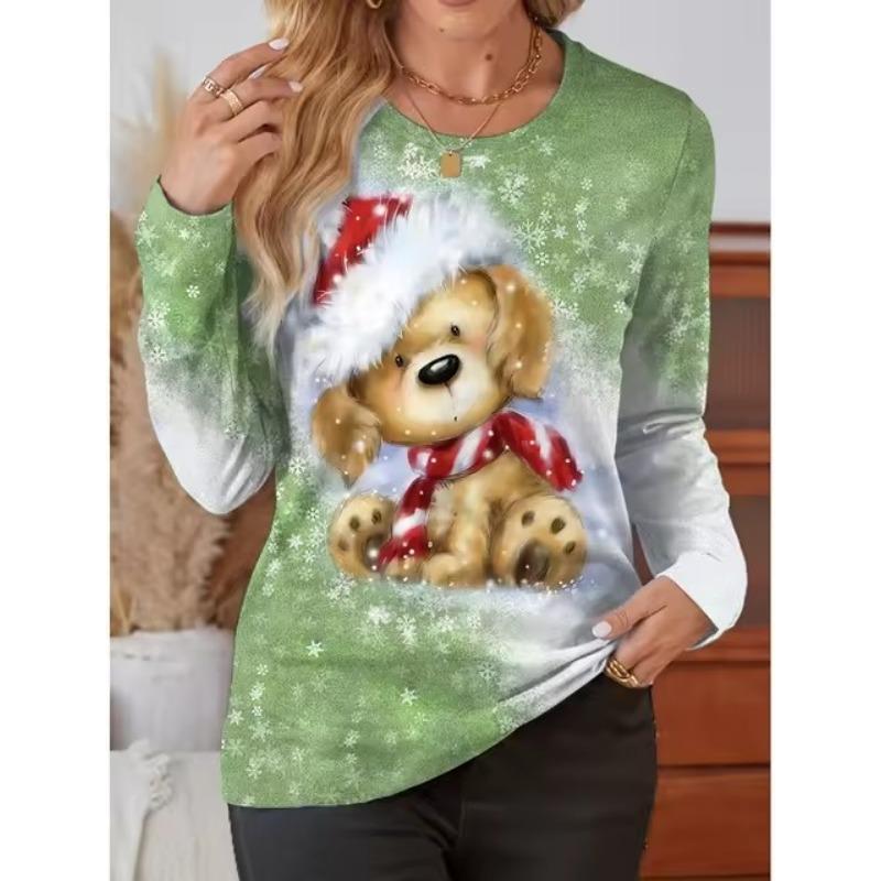 Merry Christmas 3D Print Crew Neck Long Sleeve T-Shirt Fashion Women Clothing Casual Y2k Clothes Harajuku Female Clothing