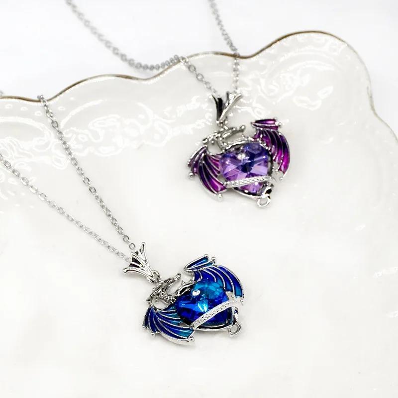 Luxury Colorful Heart Crystal Dragon Wings Pendant Necklace for Women Creative Mother of Dragons Chokers Chain Jewelry Accessory