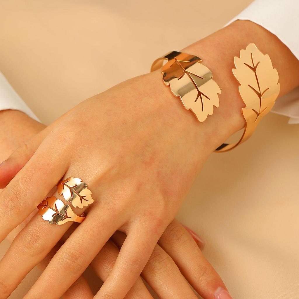 Bold Leopard Print Geometric Bangle & Ring Set - Adjustable Hand Jewelry for Women