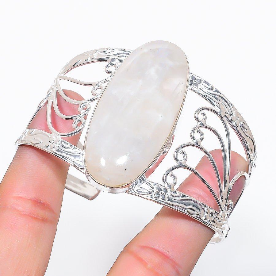 Natural Moonstone Gemstone 925 Sterling Silver Cuff Bangle Adjustable h1y88
