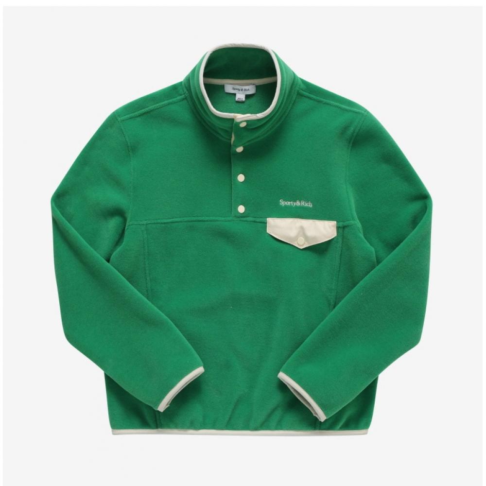 Sporty   Rich Qz741ve Kelly Cream Serif  Serif  Logo Button Polar Fleece Public Sweatshirt