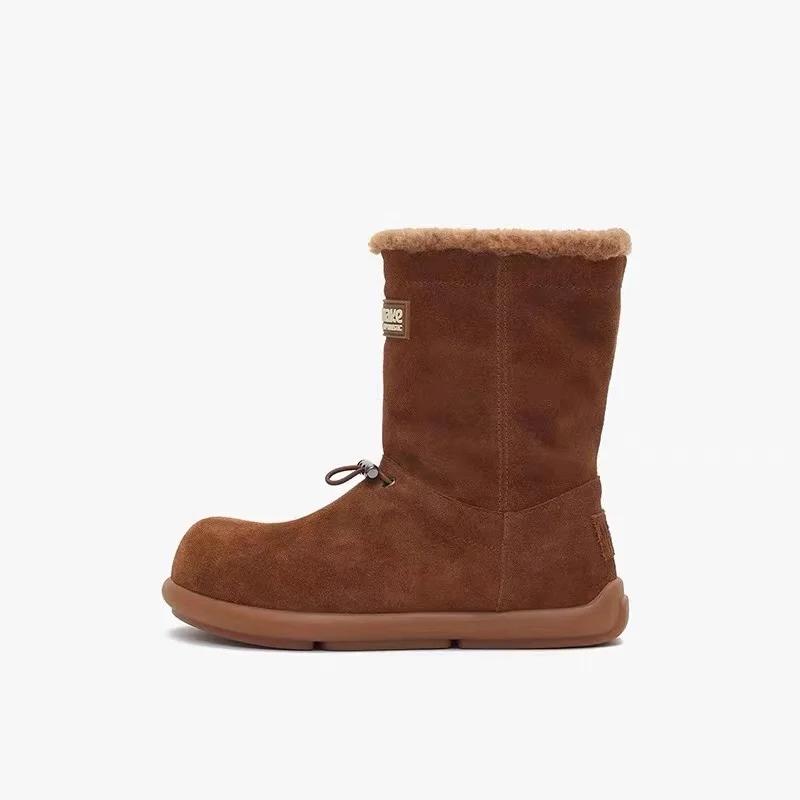 Modische Wildleder Schneestiefel Damenschuhe Winter Mittelhohe Stiefel Outdoor Mit Samt Gefütterte Damen Rutschfeste Baumwollschuhe Warme Flache Damenstiefel