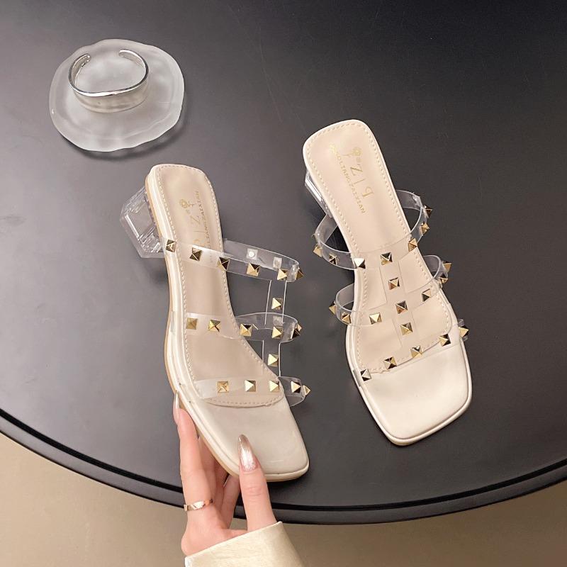 Fashion Hot Selling Shoes Woman's Slippers Transparent Heel Slides Fashion Med 2025 Luxury Summer Square heel Slipper Casual Shoe Woman