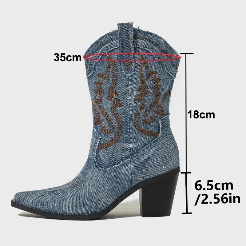 Damen Bestickte Denim Stiefeletten Hoher Dicker Absatz Westernstiefel für Büro Nachtclub Party Gesellschaftliches Treffen Geburtstagsfeier OL