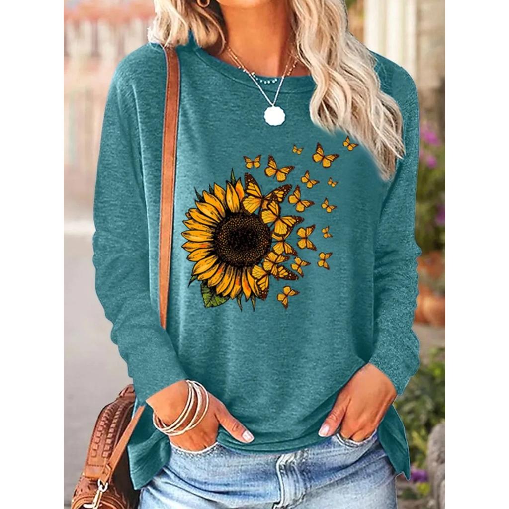 Round Neck 3D Printed Sunflower Pattern Top Fashionable Casual Long Sleeved Women's T-shirts