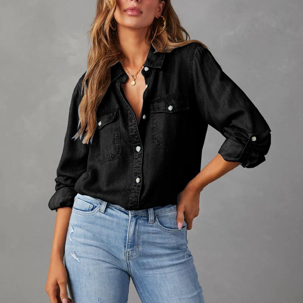 Women Denim Shirts Solid Color Turn Down Collar Long Sleeve Jean Blouses Single Breasted Loose Casual Tops Streetwear