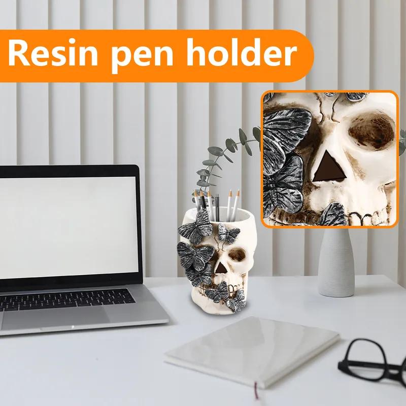 Skull Pen Cup, Resin Pencil Holder, Desk Pen Organizer, Brush Storage Box for Home Organization and Decoration