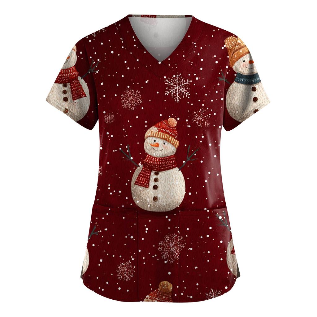 Dammode V-ringad Kortärmad Arbetskläder Med Fickor Jultryck Topp Vårdgivare Uniform