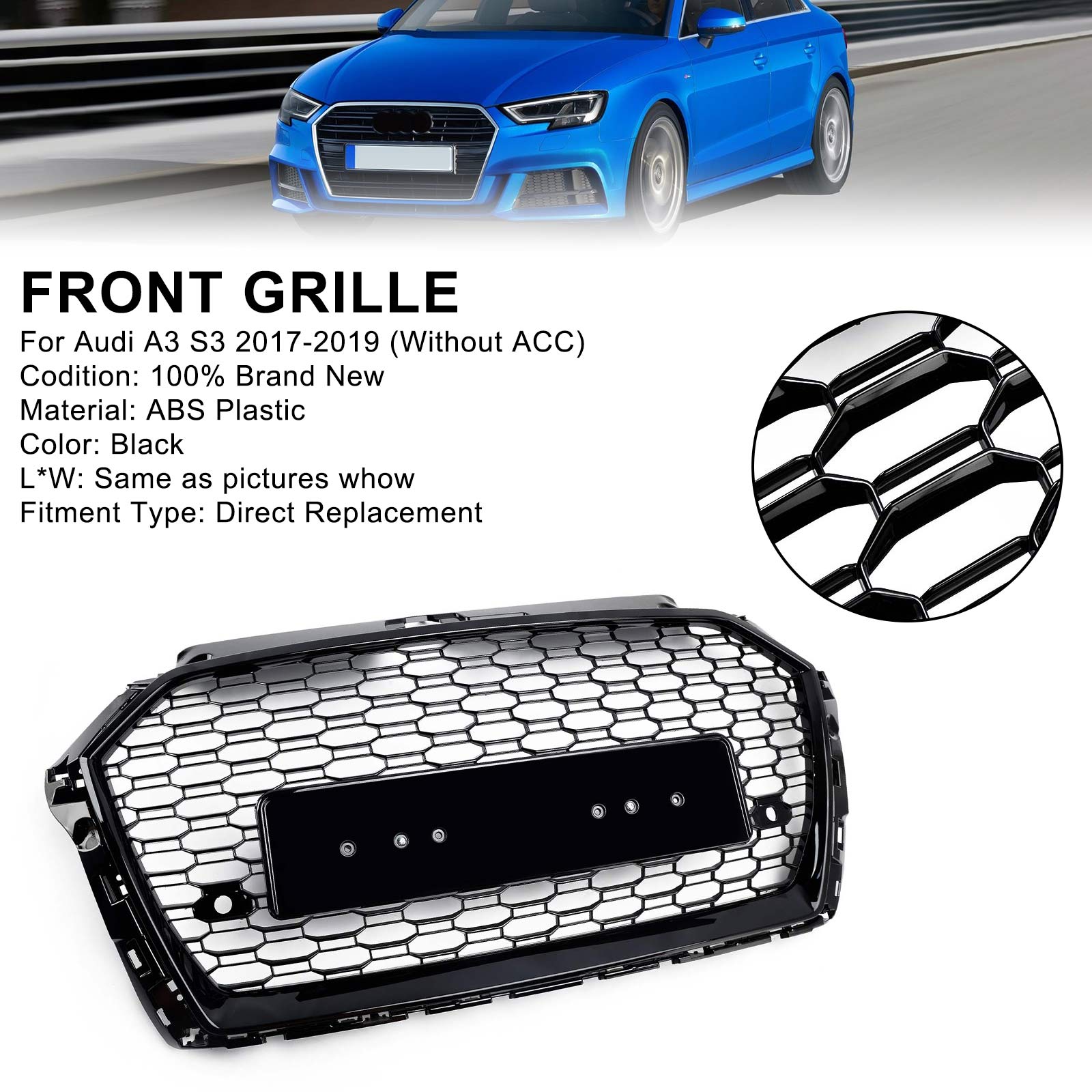 

Решетка переднего бампера с сеткой в виде сот подходит для A3 8V 2017-2019 в стиле RS3, черная