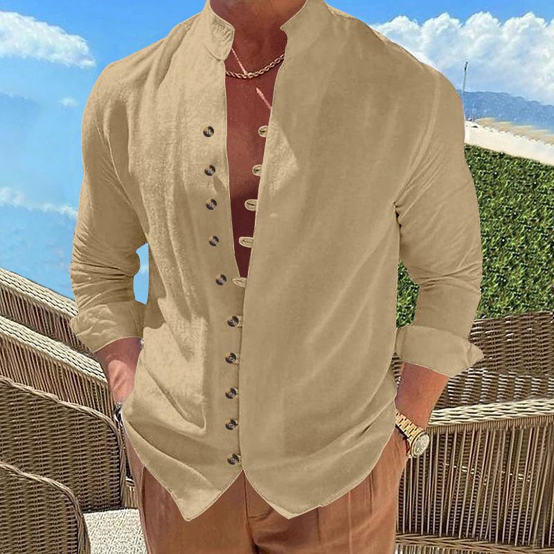 New Buckle-down Men's Retro Linen Casual Loose Long-sleeved Shirt