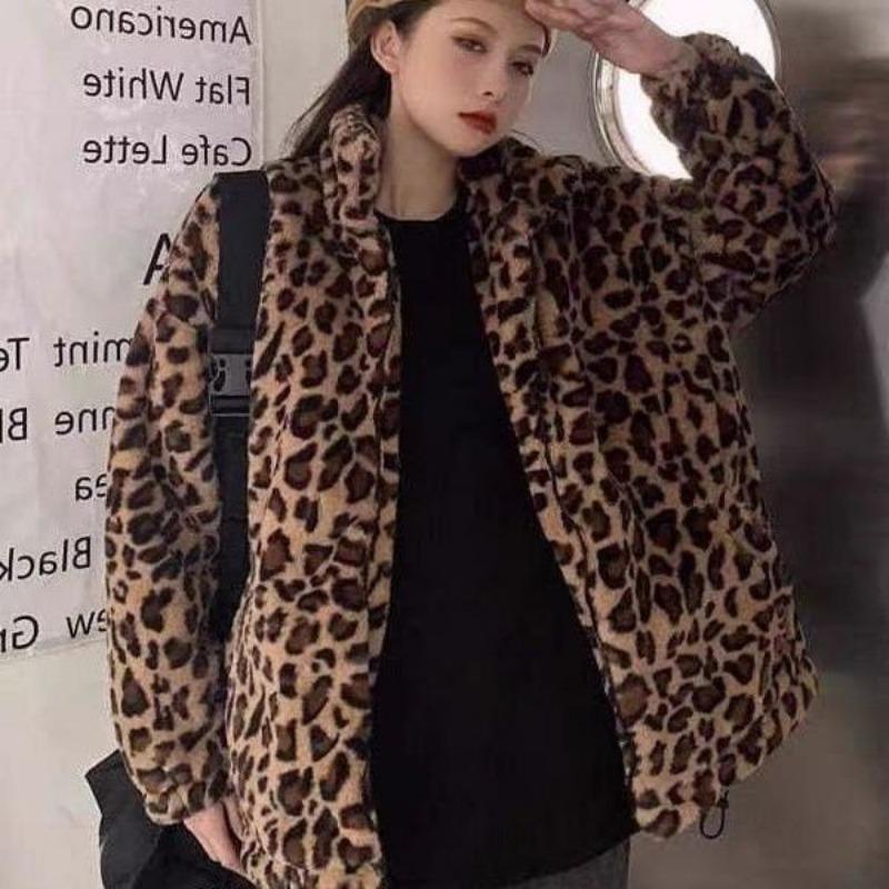 Leopard print fur jacket men's and women's clothing couple winter coat loose jacket imitation rabbit fur plush cotton coat thickened large size
