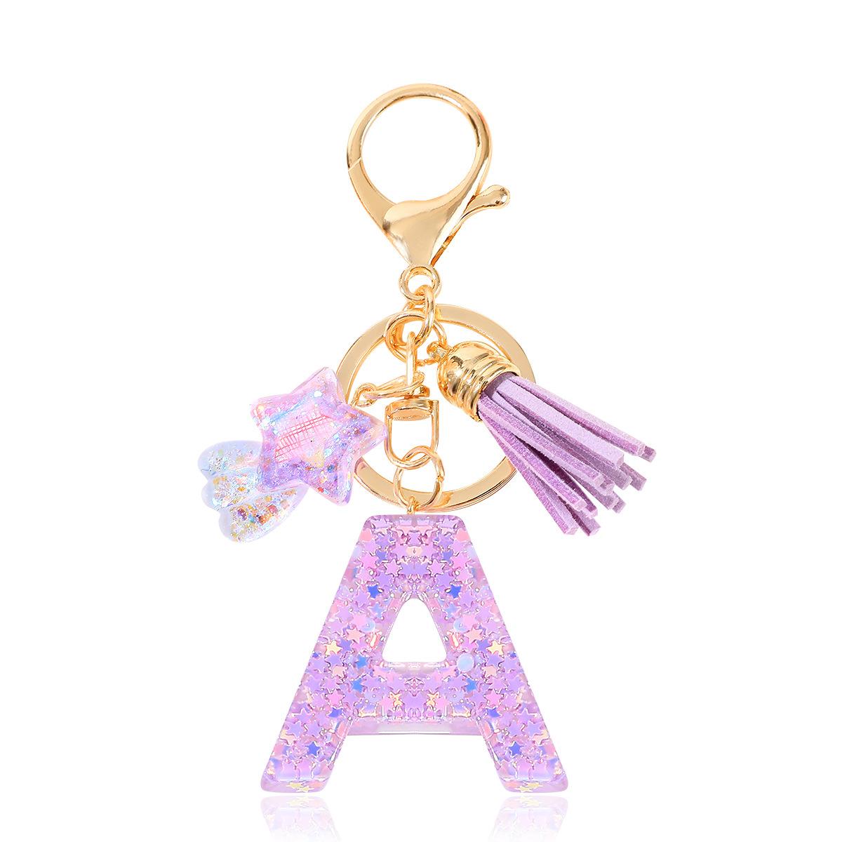 Stylish Purple Letter Keychain Star Sequins Star Fringed Crystal Epoxy Pendant Ladies Keychain