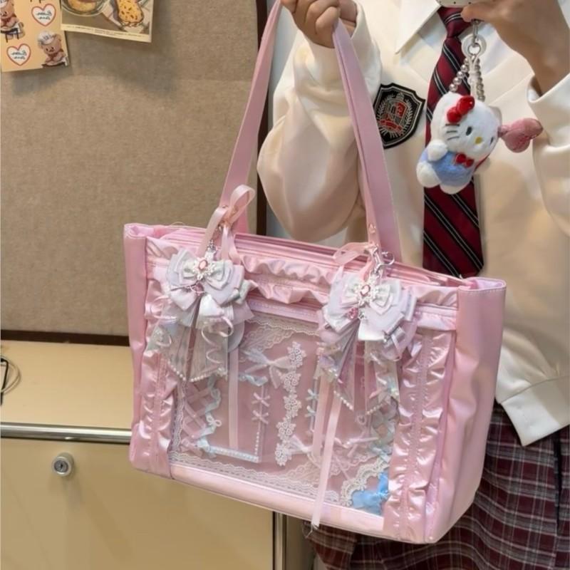 Japanese Sweet Cute Satin Bow Tie Shoulder Bag Women Transparent Badge Anime Ita Bag Ladies Large Capacity Square Handbag 2025