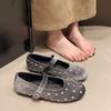 Fashion Cool Gold Rivets Design Ballet Flats Women Faux Suede Belt Metal Buckle Low Heel Women Shoes Non-slip Soft Sole Mary Jane Shoes