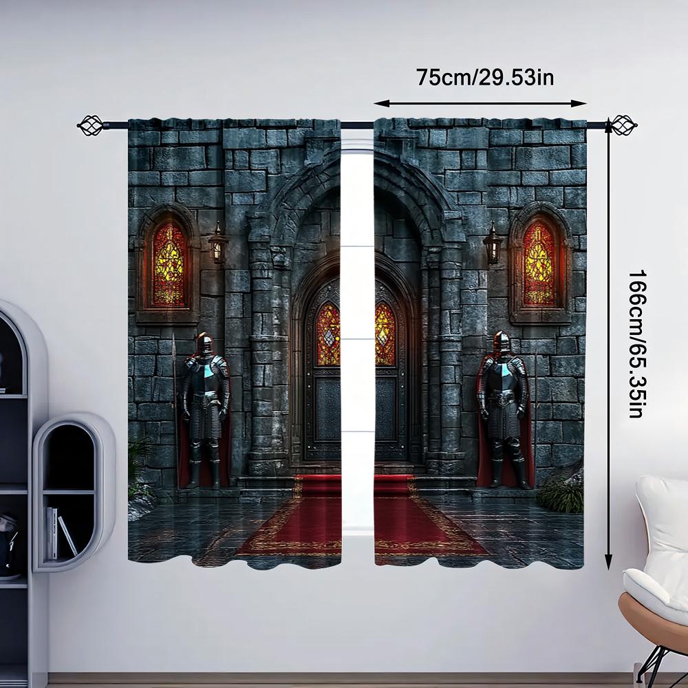 2pc,  Curtains Medieval Castle Versatile 100% Polyester,Without Electricity Birthday Party Use for With Rod Pockets, Translucent