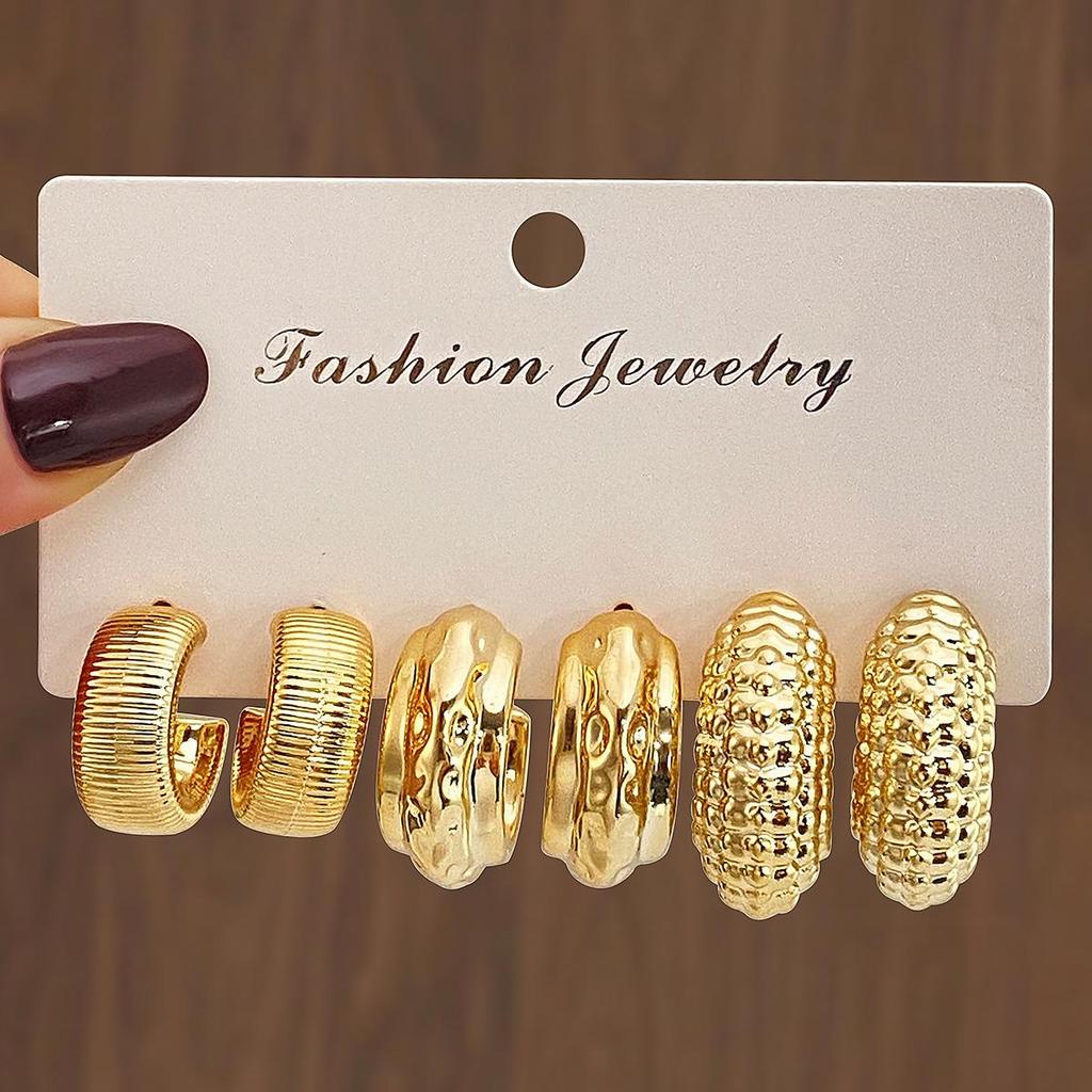 Elegant Geometric Gold Earrings Set - 3 Pairs of Versatile Water Drop Twist Designs