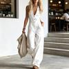 Sommer Damen Jumpsuit V-Ausschnitt Ärmellos Knopfleiste Vorne Lässig Locker Weites Bein Hosen Damen Langer Romper Overall mit Dual