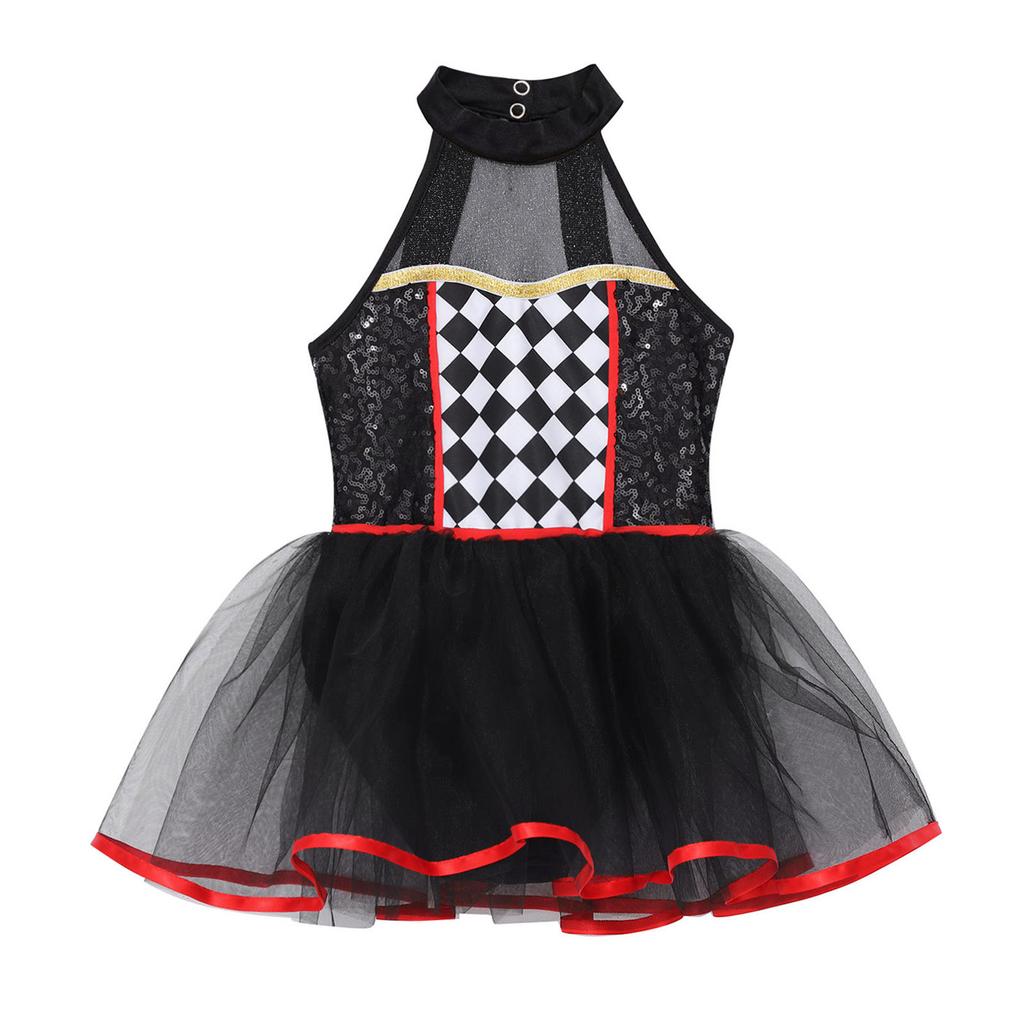 Kids Girls Halloween Doll Clown Costume Halter Neck Checkerboard Sequins Tutu Dress Dancewear Fancy Dress Up Costume