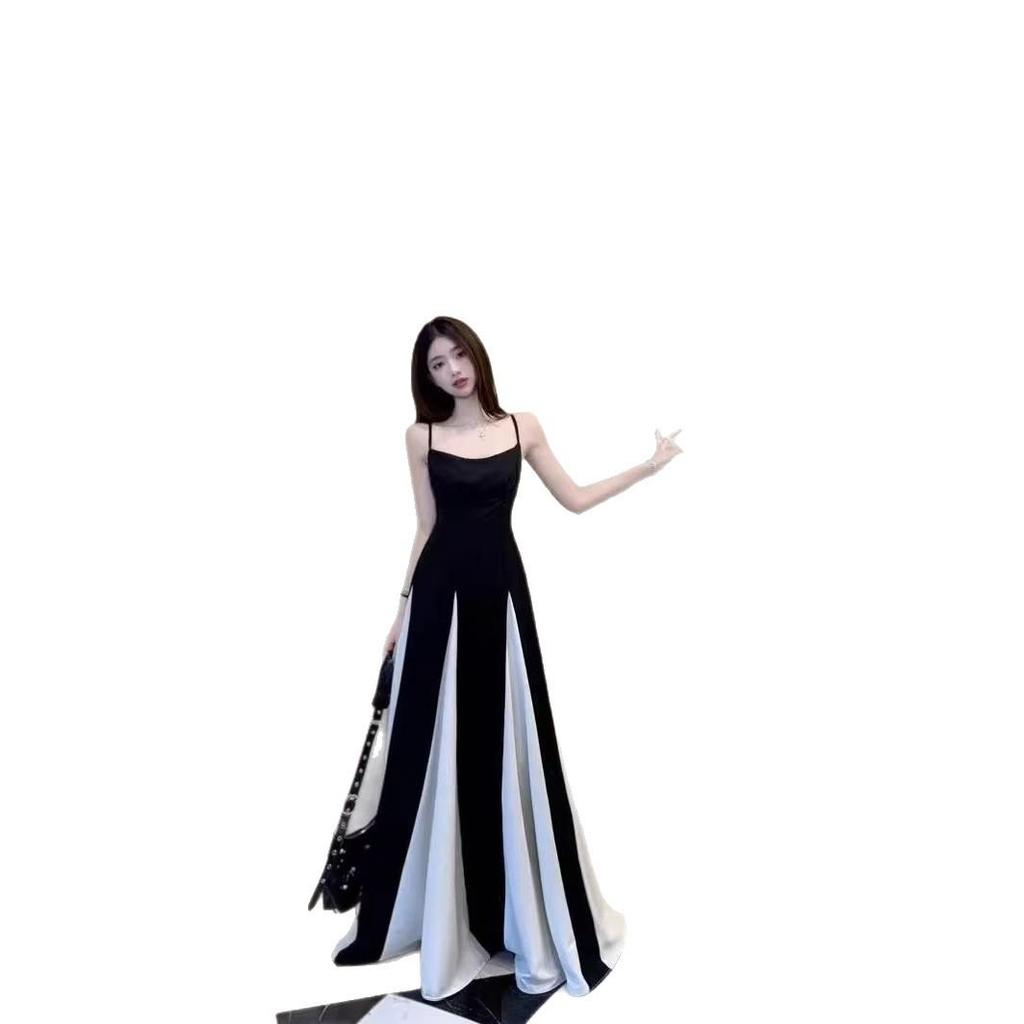 Women's Summer French Patchwork Color Block Spaghetti Strap Waist-Cinching A-Line Floor-Length Dress