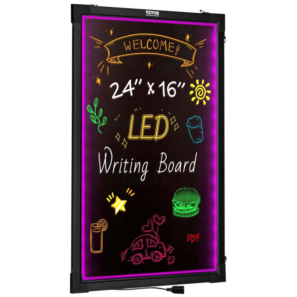 LED Message Writing Board, 24 X 16 Inch Illuminated Erasable Chalkboard, Neon Effect Menu Sign, Drawing Board with 8 Fluorescent Chalk Markers and