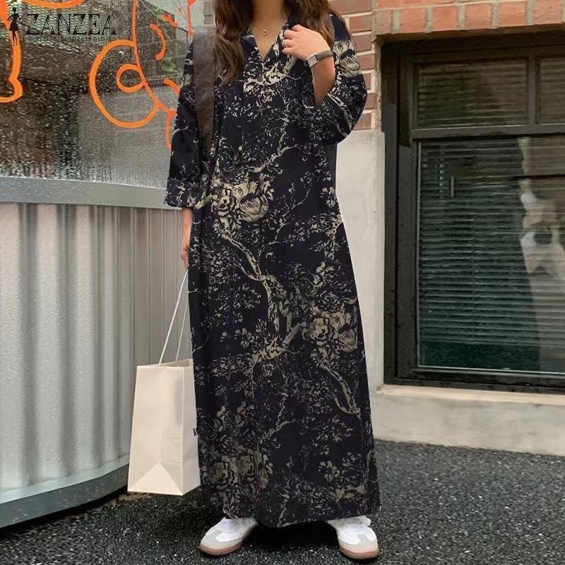 

Cross-Border European and American plus Size Women s Clothes Chubby Girl Fashion Print Bohemia Loose Long Sleeves Dress Long Sleeves Dress Navy blue L