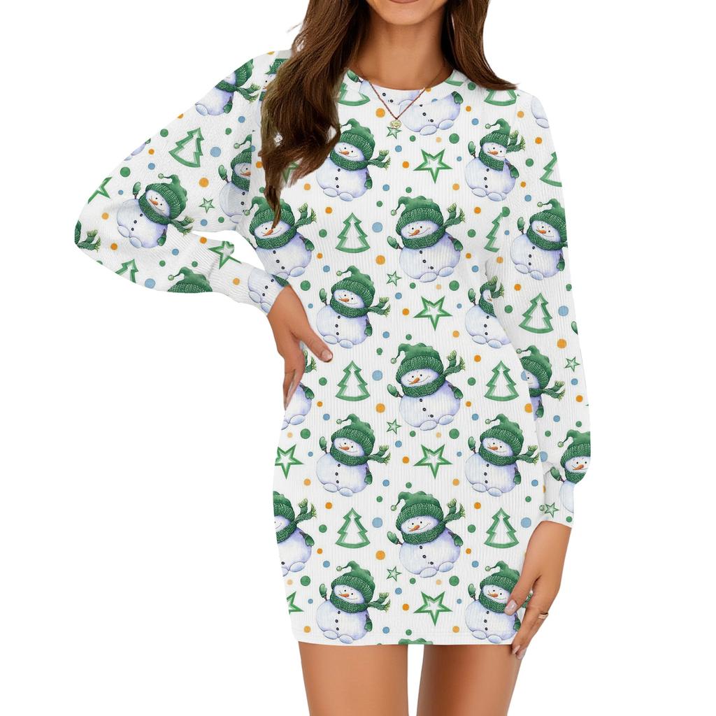 Rochie casual de modă pentru femei, cu imprimeu de Crăciun, cu gât rotund și mâneci lungi