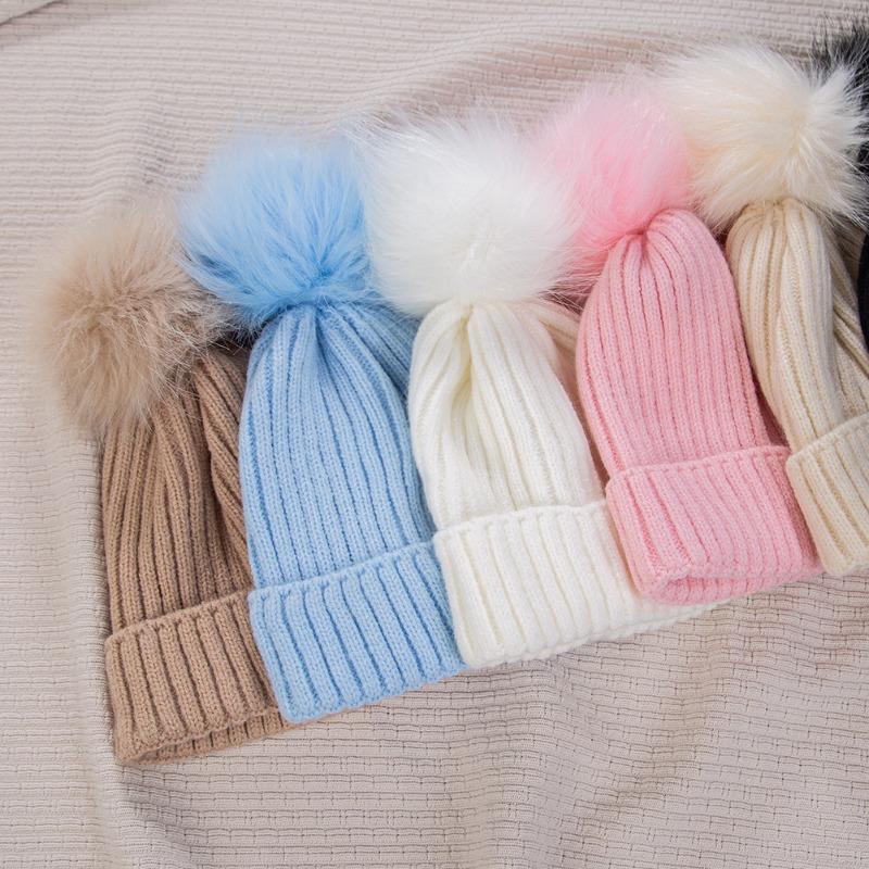 Kids Solid Color Winter Knit Hat with Pompom Thick Thermal Ear Flap Knitted Beanie for Babies Fall Simplicity Children Cap