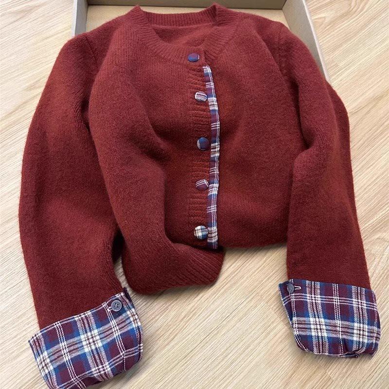 Women's Loose Knit Plaid Patchwork Cardigan - Korean Style, Round Neck, Fake Two-Piece, Spring/Summer 2025