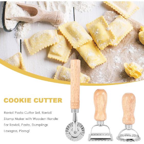 3PCS Ravioli Pasta Cutter Set, Ravioli Stamp Maker with Wooden Handle Ravioli Cutter Pasta Cutter for Ravioli, Pasta, Dumplings Lasagna, Pierogi