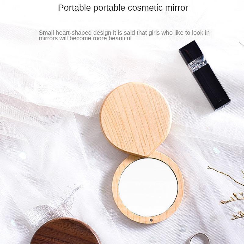 Wooden HD Handheld Mirror Portable Portable Small Mirror Slide Cover Mini and Simple Cosmetic Mirror Female Custom Creative Gift
