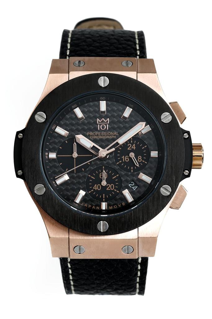 NEW model Hyakuichi wristwatch 100m waterproof chronograph date display pink gold carbon black leather belt [HYAKUICHI 101] No.8L