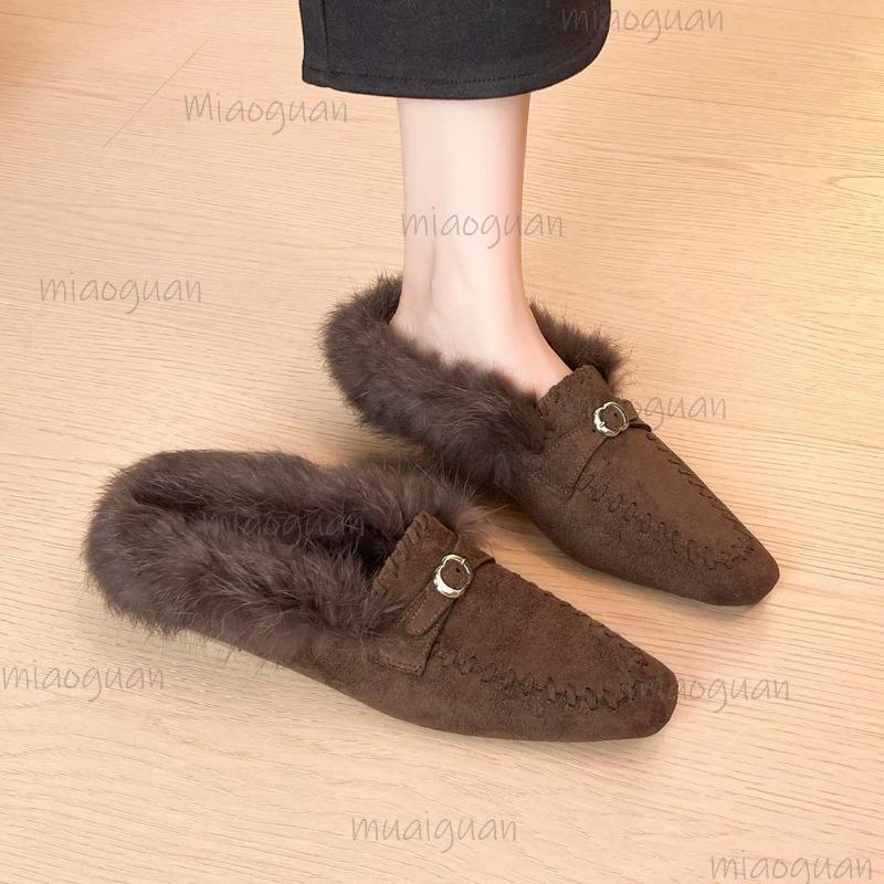 Ciabatte da donna alla moda a punta con fibbia e cinturino, mules con zeppa, calzature invernali calde e casual per donna, pantofole morbide Mujer