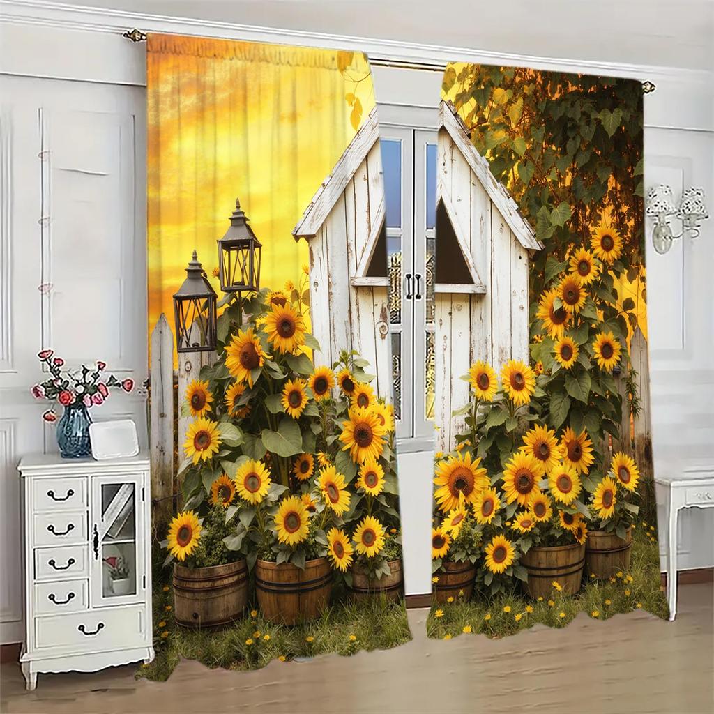 2 Stück Sonnenblumen Holzhaus Dekorative Vorhänge   Halb Verdunkelnde Vorhänge   Schutz der Privatsphäre
