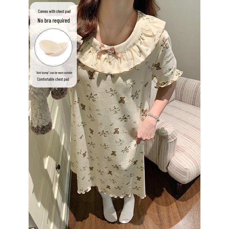 2026 Women's Grey Cartoon Summer Nightgown with Built-in Bra, Round Neck, Short Sleeve, Anti-Nipple, Thin Style for Outerwear and Home Wear.