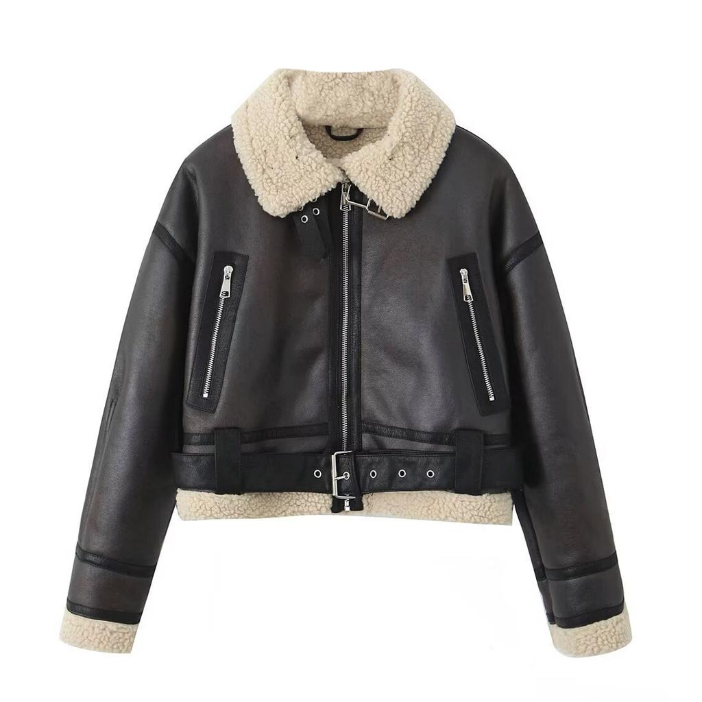 Women's Length Down Padded Leather Jacket Long Quilted Jacket With Removable Fur-Collar