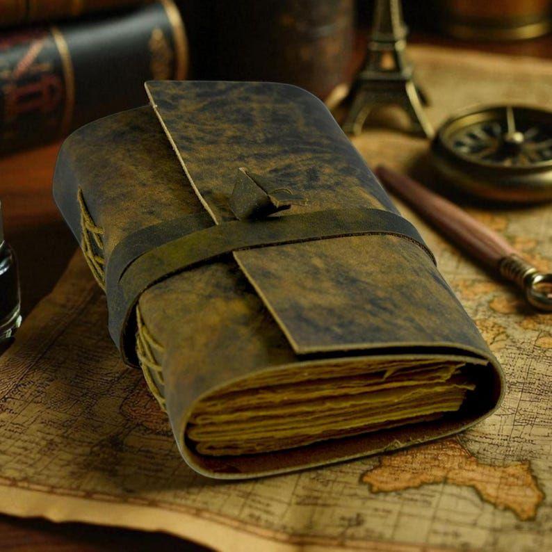 Vintage Leather Journal - Blank Spell Book of Travel Writing Notebook, Antique Deckle Paper