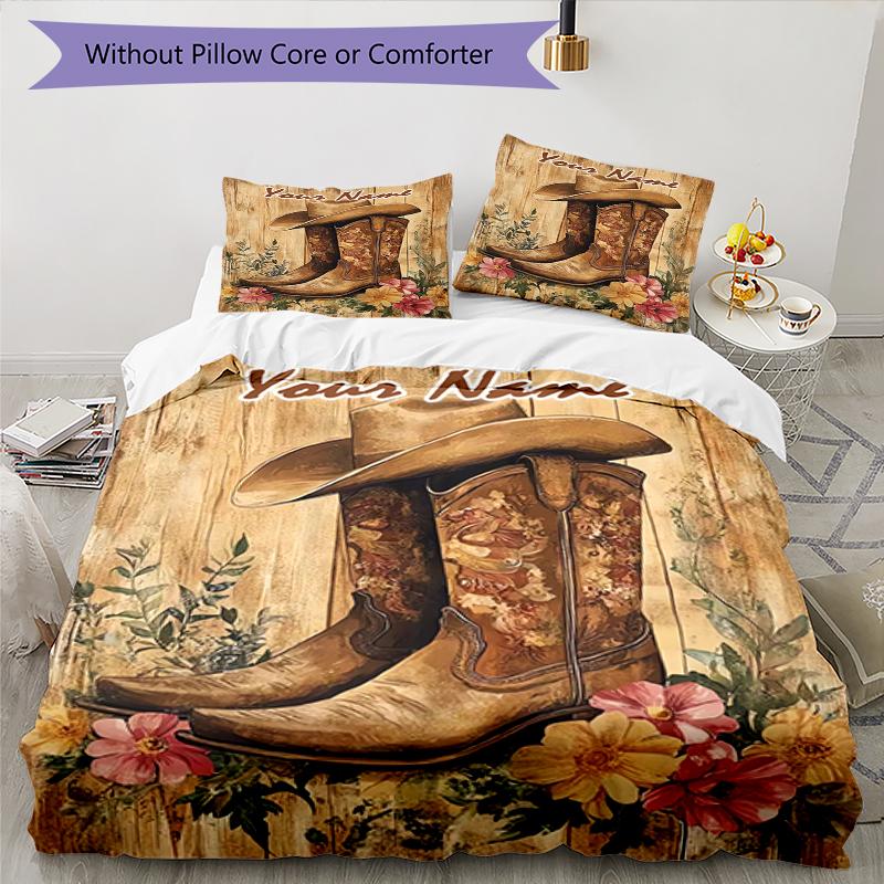 3PC Custom Name Western Cowboy Boots Flowers Bedding Set Duvet Cover Closure Includes 1 Duvet Cover & 2 Pillowcases for Bedroom