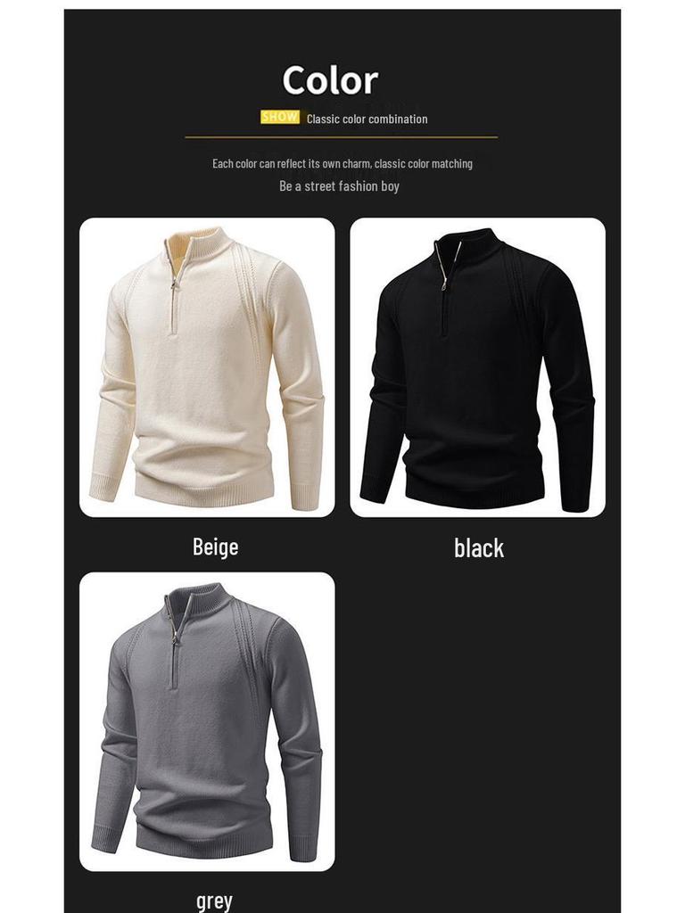 Men's Solid Color Stand Collar Half-Zip Sweater for Autumn/Winter - European & American Casual Knit Pullover