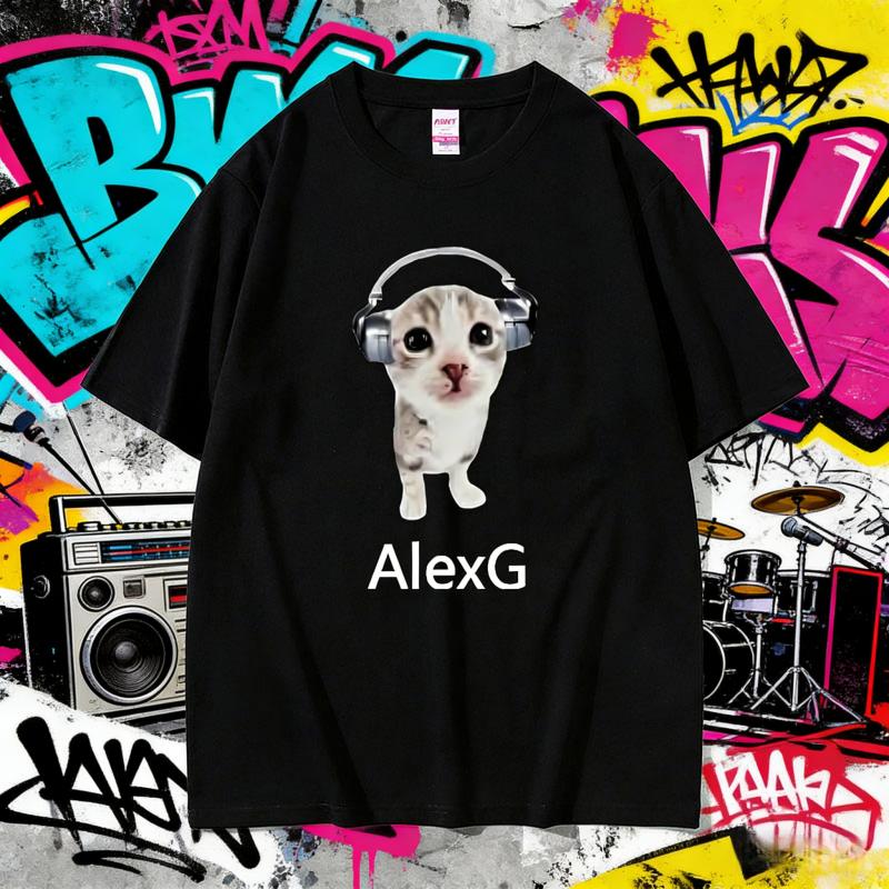 2025 Summer Singer Alex G Tshirt Cute Funny Cat with Headphones Meme Graphic Print Men Women 100% Pure Cotton Printed T-shirt