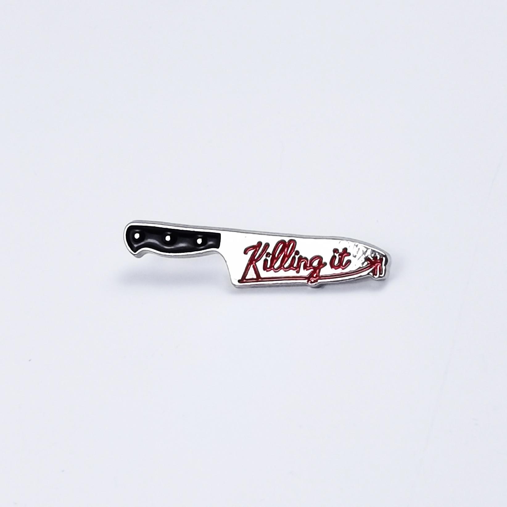 Black Cat Cartoon Knife Brooch with English Letter Design - Creative Fashion Bag Accessory Badge